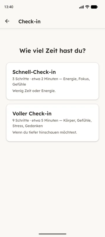 Die Auswahl zwischen Schnell-Check-in mit 3 Schritten und vollem Check-in mit 9 Schritten.