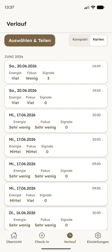 Der Verlauf der App als ruhige Liste früherer Check-ins.